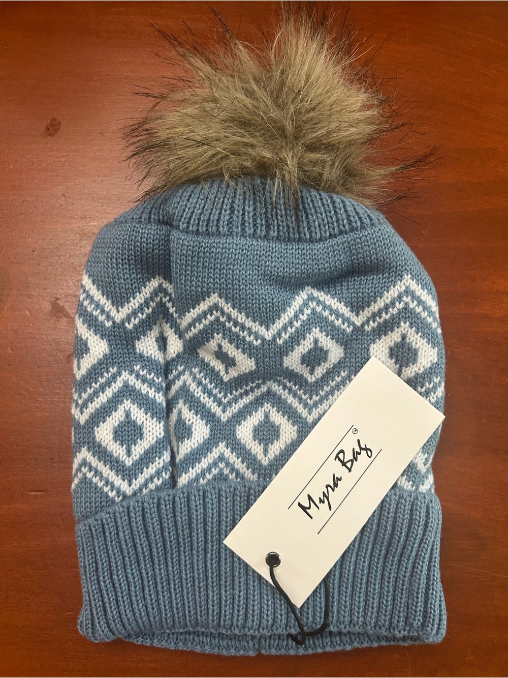 Myra Bag Blue and White Pom Pom Knit Hat for Women